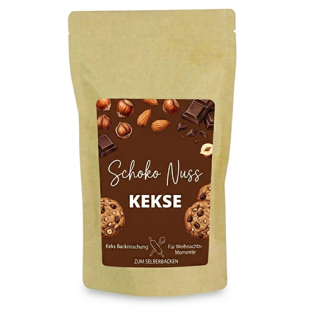Backmischung Schoko Nuss Kekse im Papierbeutel 300 g mit Logo – Beispielmotiv