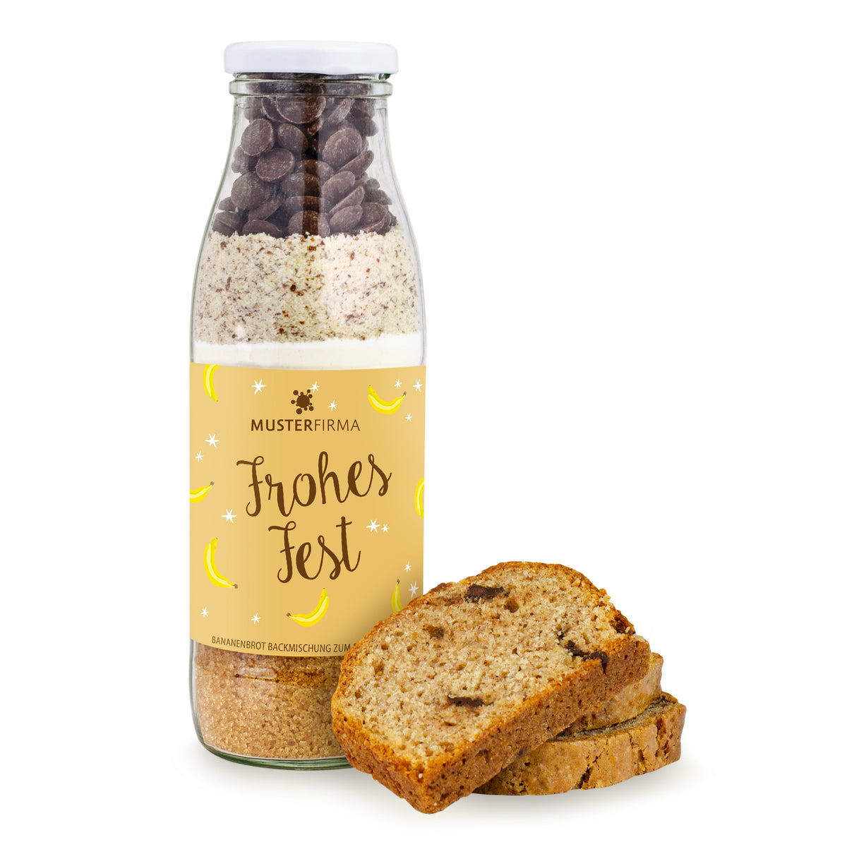 Bananenbrot Backmischung in der Flasche 425 g mit Logo – Beispielmotiv