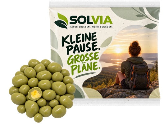 Bio Matcha Snack im Werbetütchen 15 g mit Deinem Design – Bio Mangos in weißer Schokolade mit Matcha, 15 g