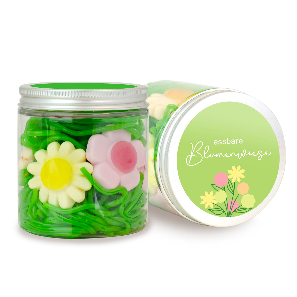 Blumenwiese in der Dose 150 g mit Fruchtgummi Schnüren und Logo – Beispielmotiv