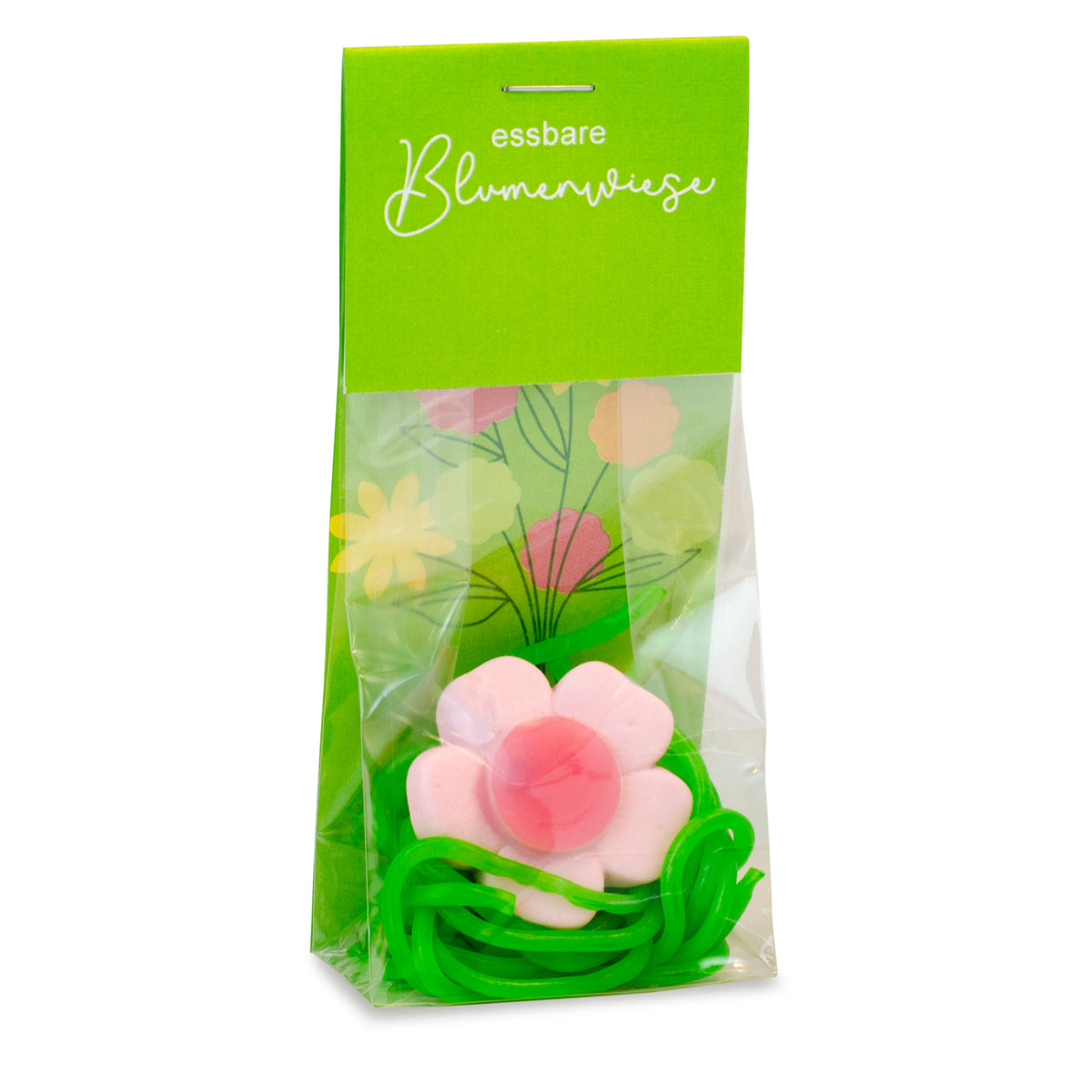 Blumenwiese Tütchen 25 g mit Fruchtgummi Blumen und Logo – Beispielmotiv