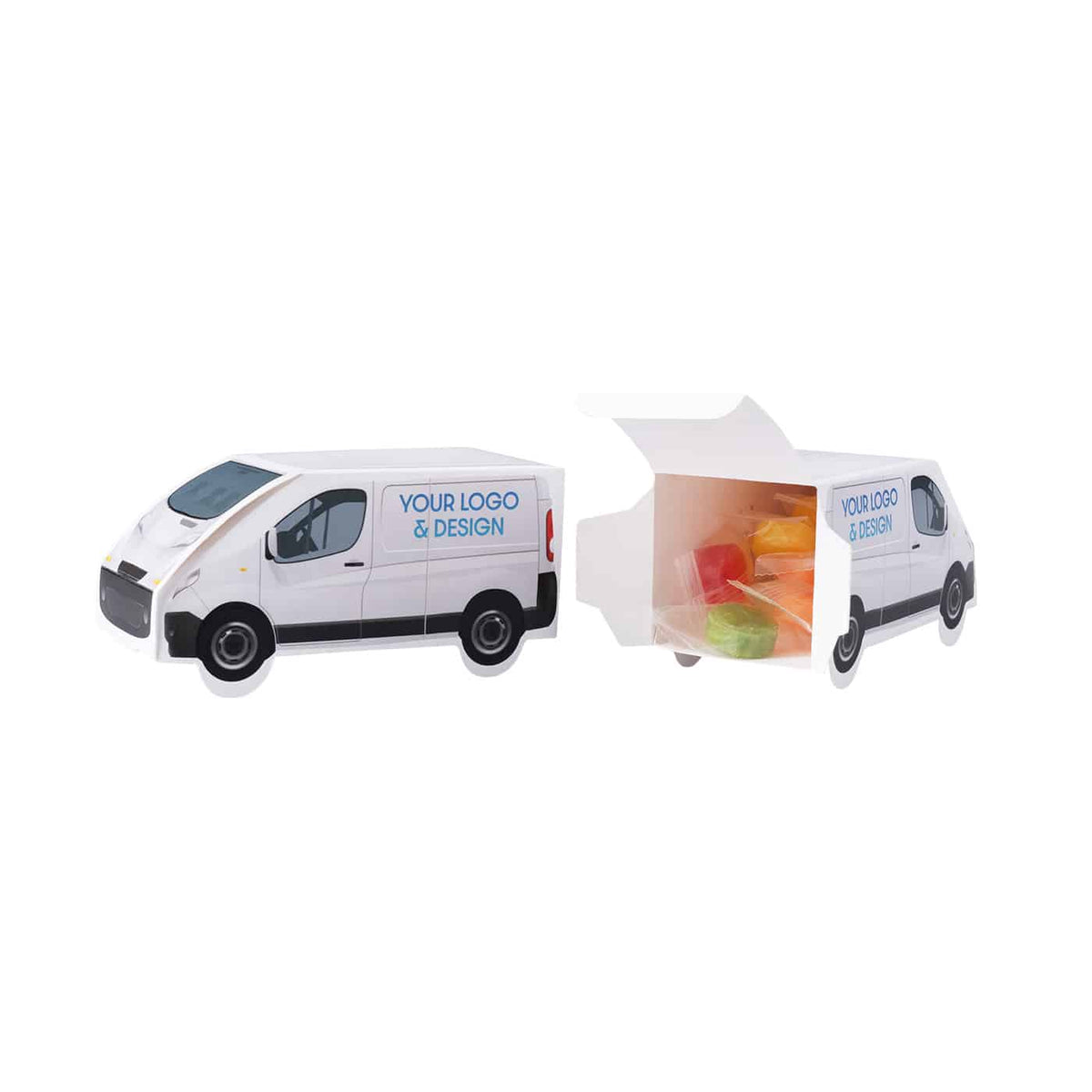 Bonbons im Mini Werbetruck mit Logo, geschlossener Truck
