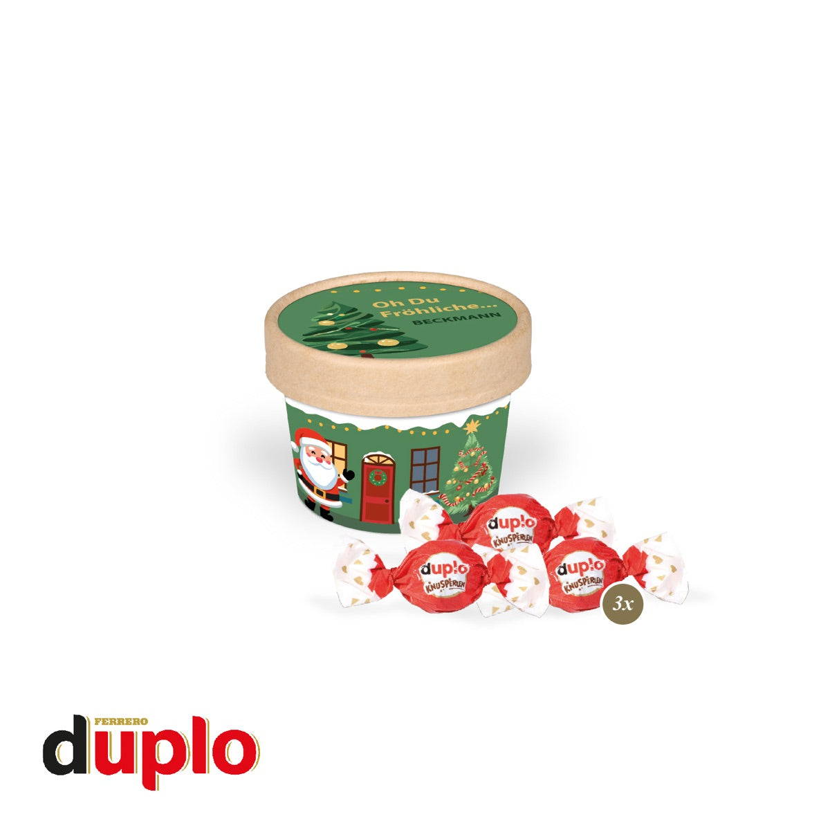 Weihnachtlicher Kartonbecher mit Deckel, rundum mit Werbemotiv bedruckt