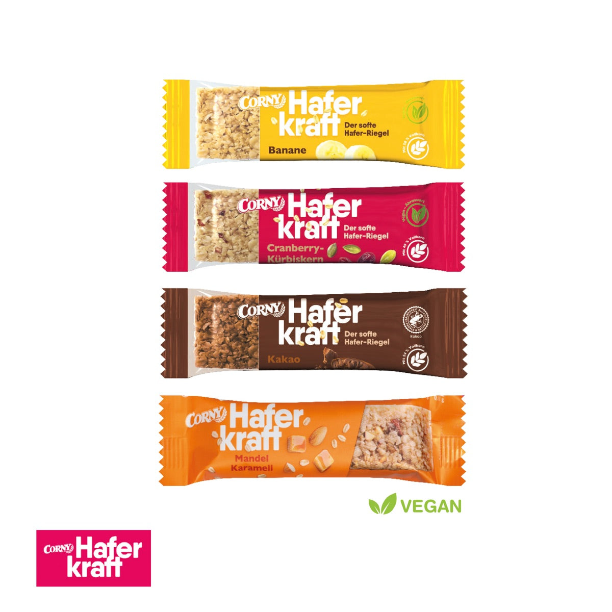 Werbeschuber mit einem CORNY Haferkraft Riegel als Füllung