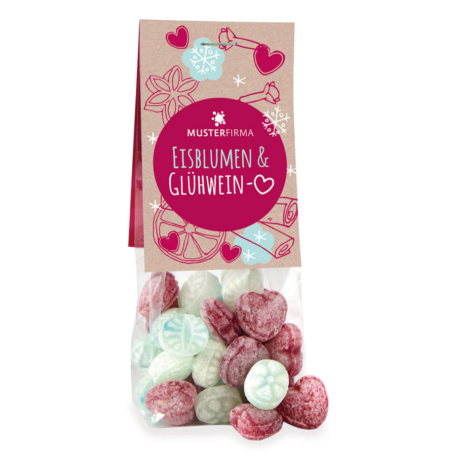Eisbonbons und Glühweinbonbons im Beutel 80 g mit Logo – Beispielmotiv