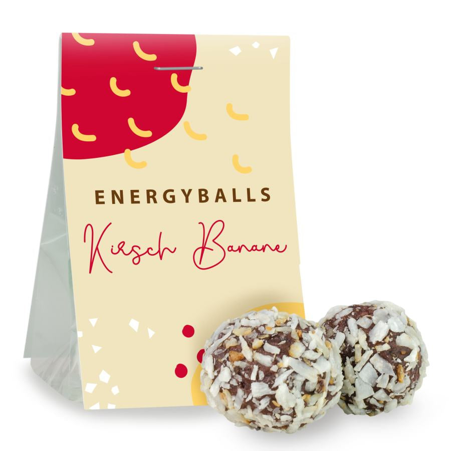Energyballs Kirsche und Banane im Tütchen 15 g mit Logo – Beispielmotiv