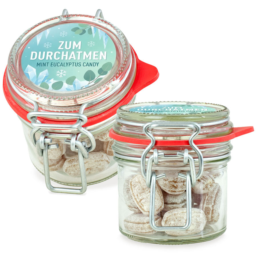 Eukalyptus Bonbons im Mini Bügelglas 70 g mit Logo – Beispielmotiv