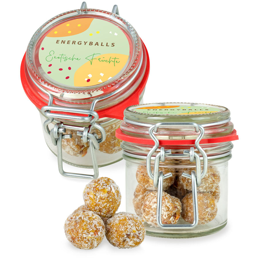 Exotische Energyballs im Mini Bügelglas 60 g mit Logo – Beispielmotiv