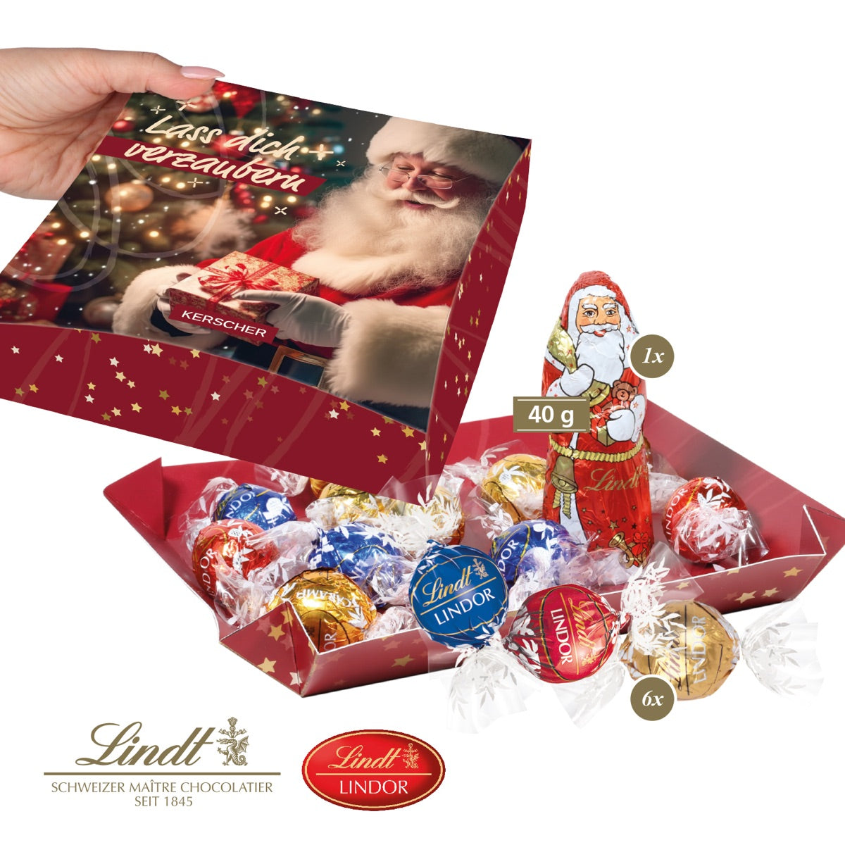 Quadratische Präsentbox mit vollflächig bedrucktem Deckel als Weihnachtsgeschenk