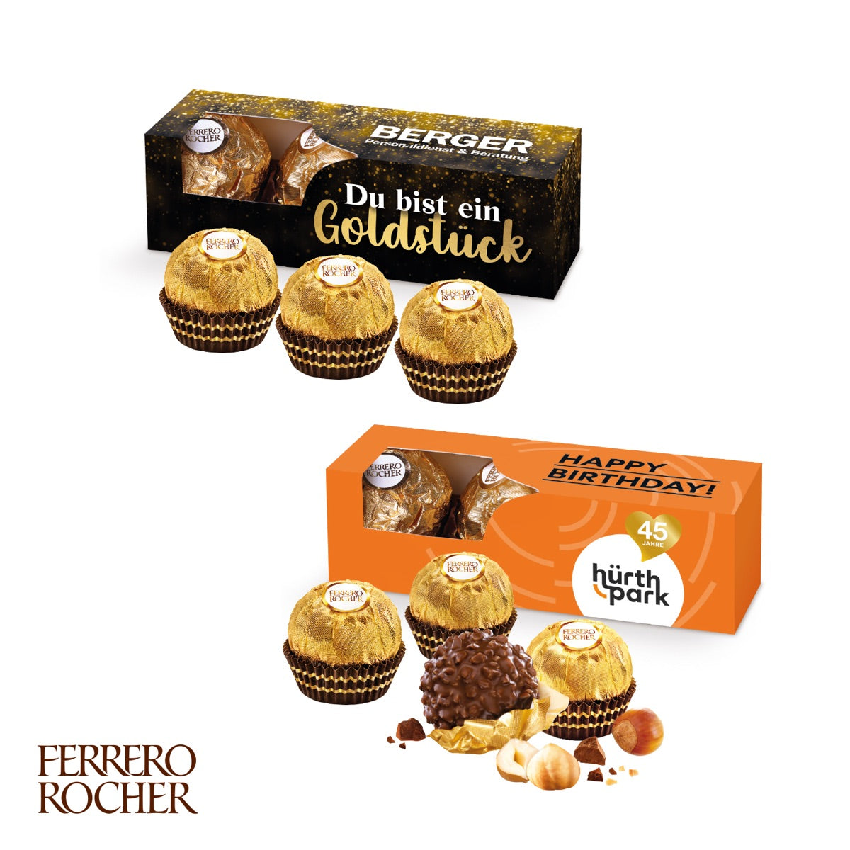 Schmale Werbeschachtel für drei Ferrero Rocher Pralinen mit bedruckter Fläche