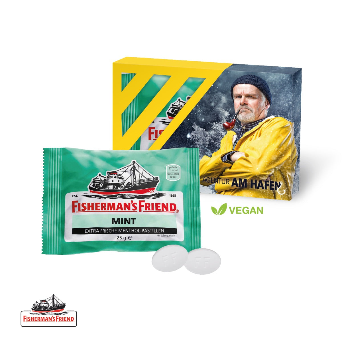 Flache Werbekartonage für Fisherman´s Friend mit vollflächigem Druckmotiv