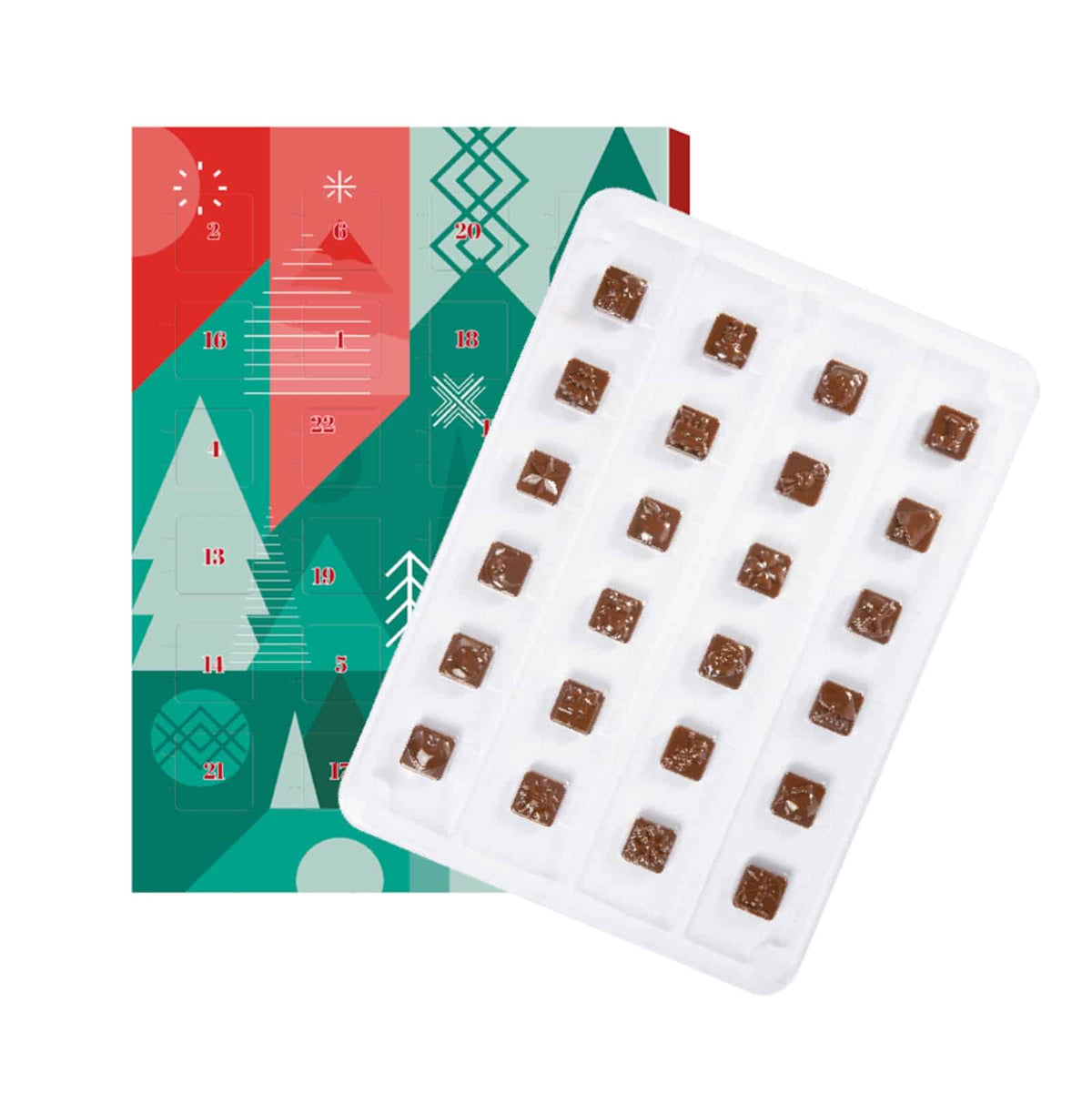 Flacher Adventskalender mit 24 Türchen und Logo, geöffnete Türchen