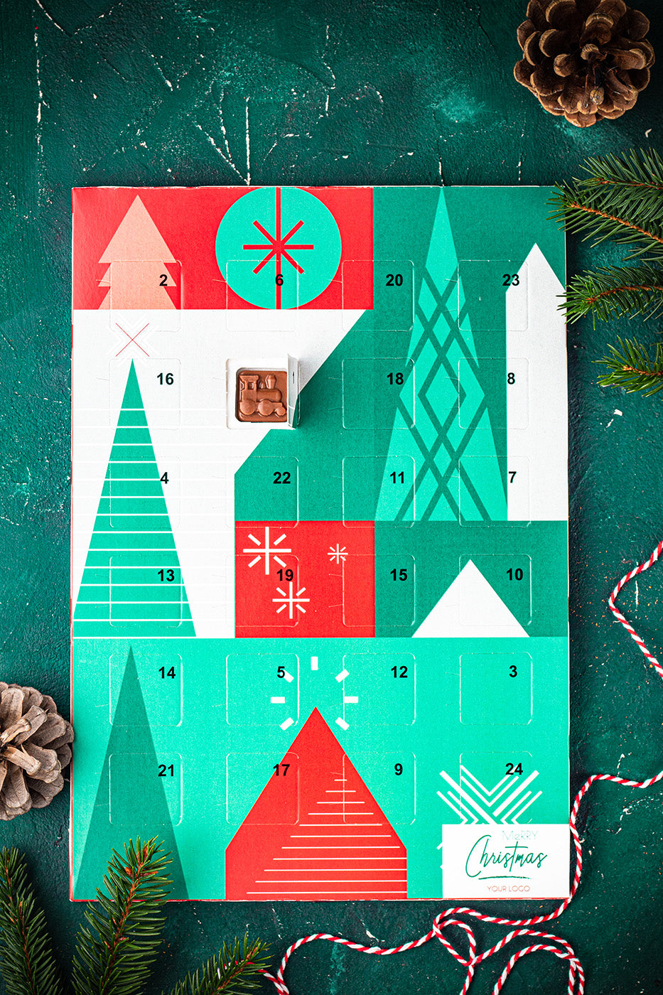 Flacher Adventskalender mit 24 Türchen und Logo, Rückseite