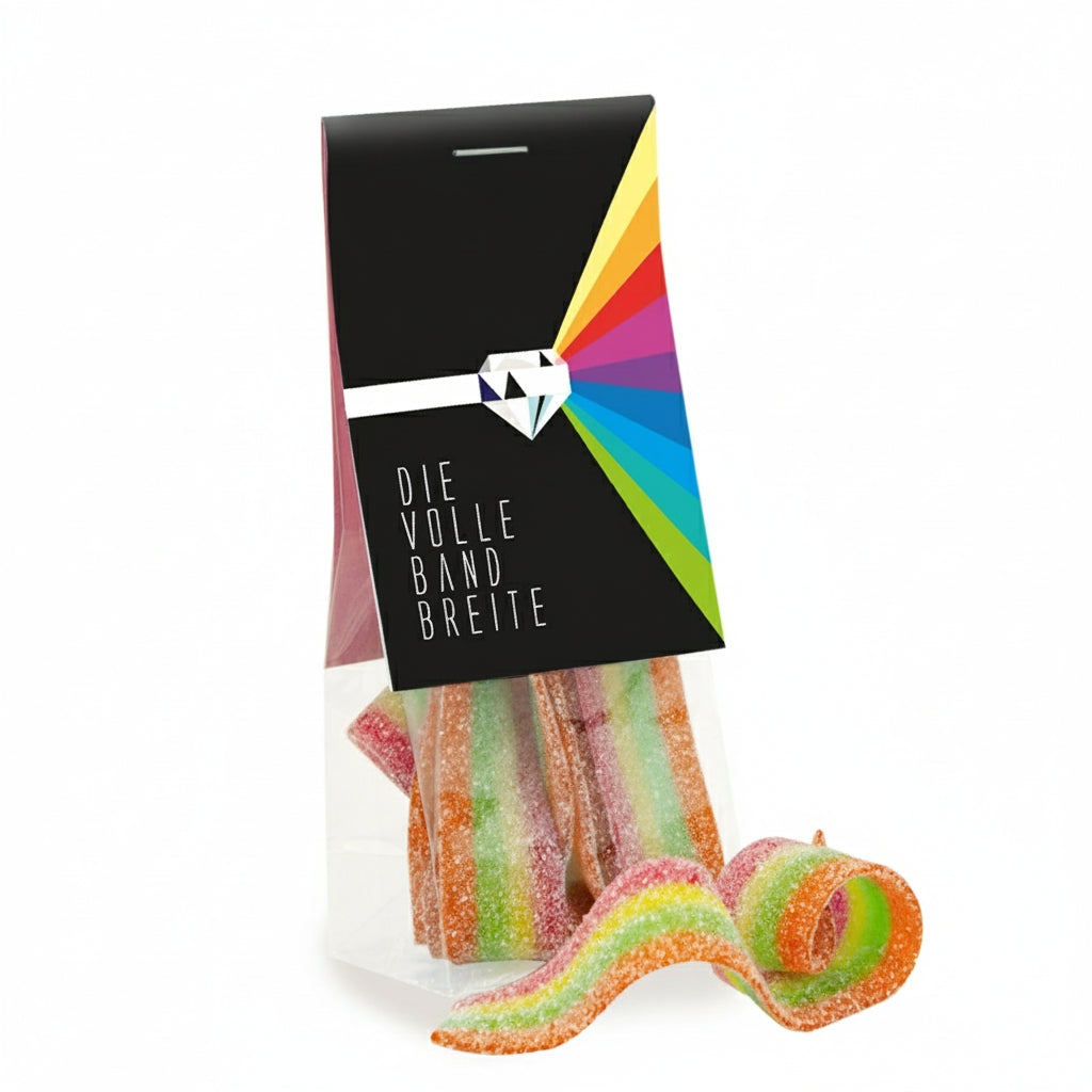 Fruchtgummi Bänder in Regenbogenfarben im Beutel 28 g mit Logo – Beispielmotiv