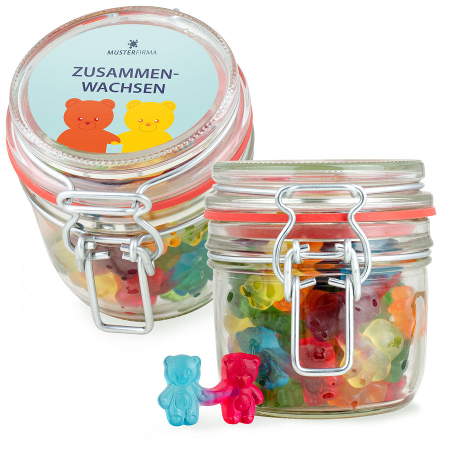 Fruchtgummi Bärchen im kleinen Bügelglas 160 g mit Logo – Beispielmotiv
