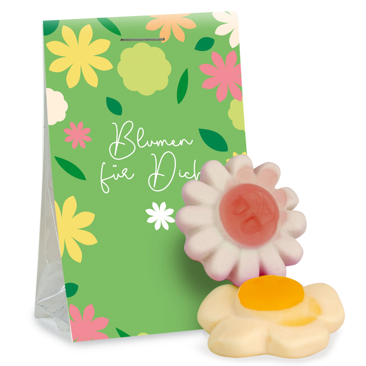 Fruchtgummi Blumen im Tütchen 15 g mit Logo – Beispielmotiv