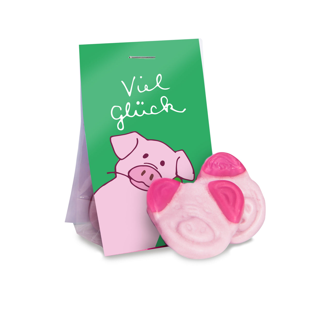 Fruchtgummi Ferkel im Tütchen 15 g mit Logo – Beispielmotiv