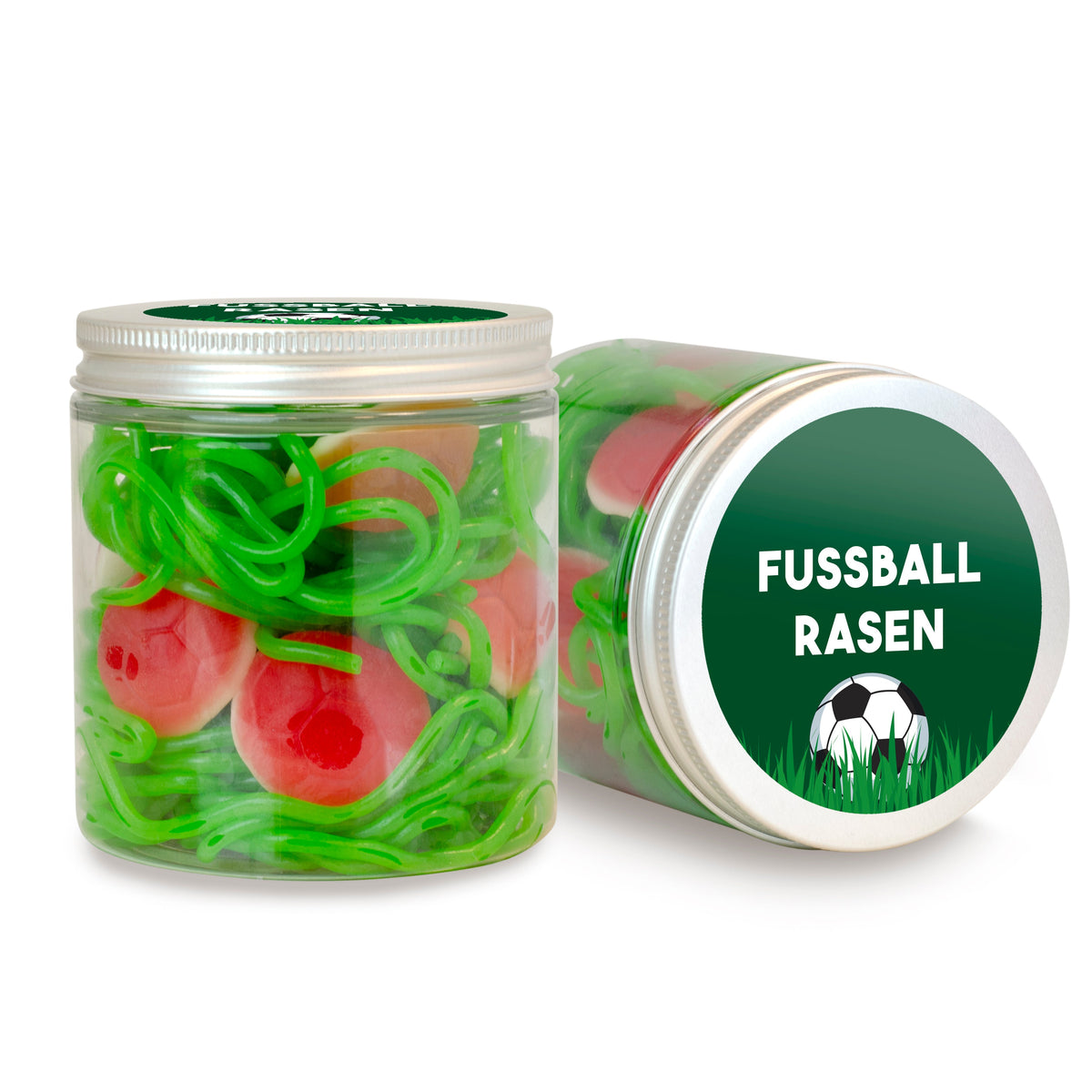 Fruchtgummi Fußbälle und Rasen in der Dose 150 g mit Logo – Beispielmotiv
