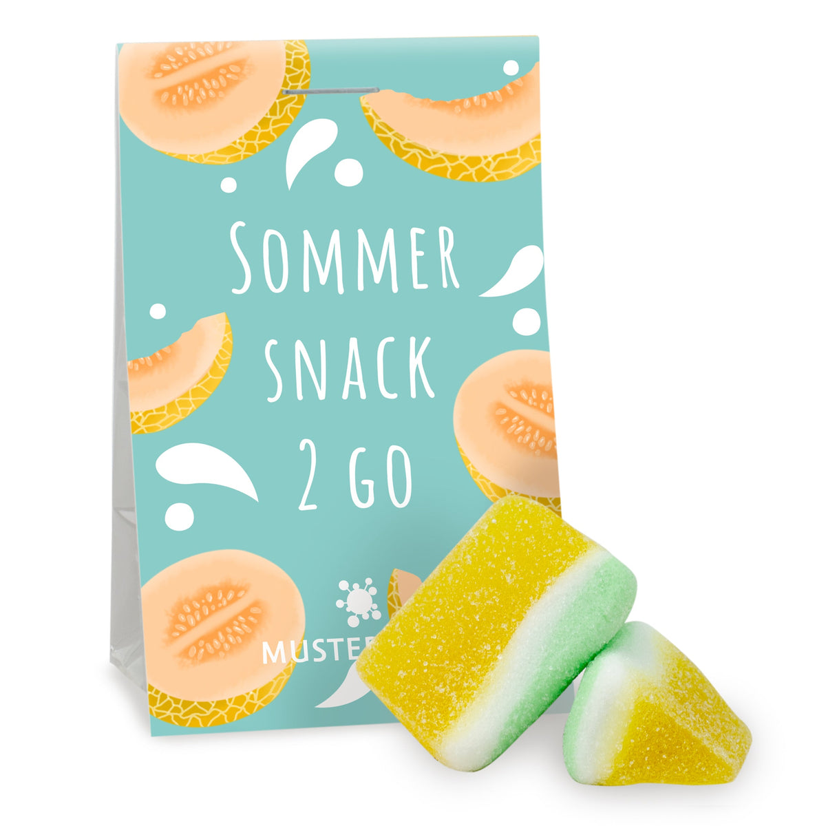 Fruchtgummi Honigmelone im Tütchen 15 g mit Logo – Beispielmotiv