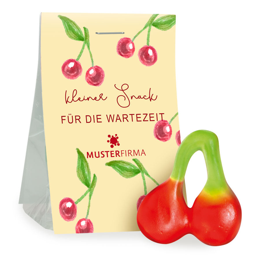 Fruchtgummi Kirschen im Tütchen 15 g mit Logo – Beispielmotiv