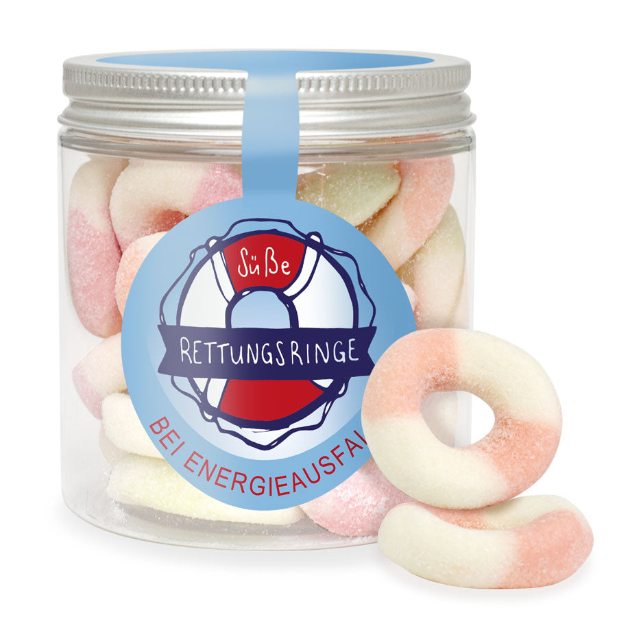 Fruchtgummi Ringe in der Dose 140 g mit Logo – Beispielmotiv