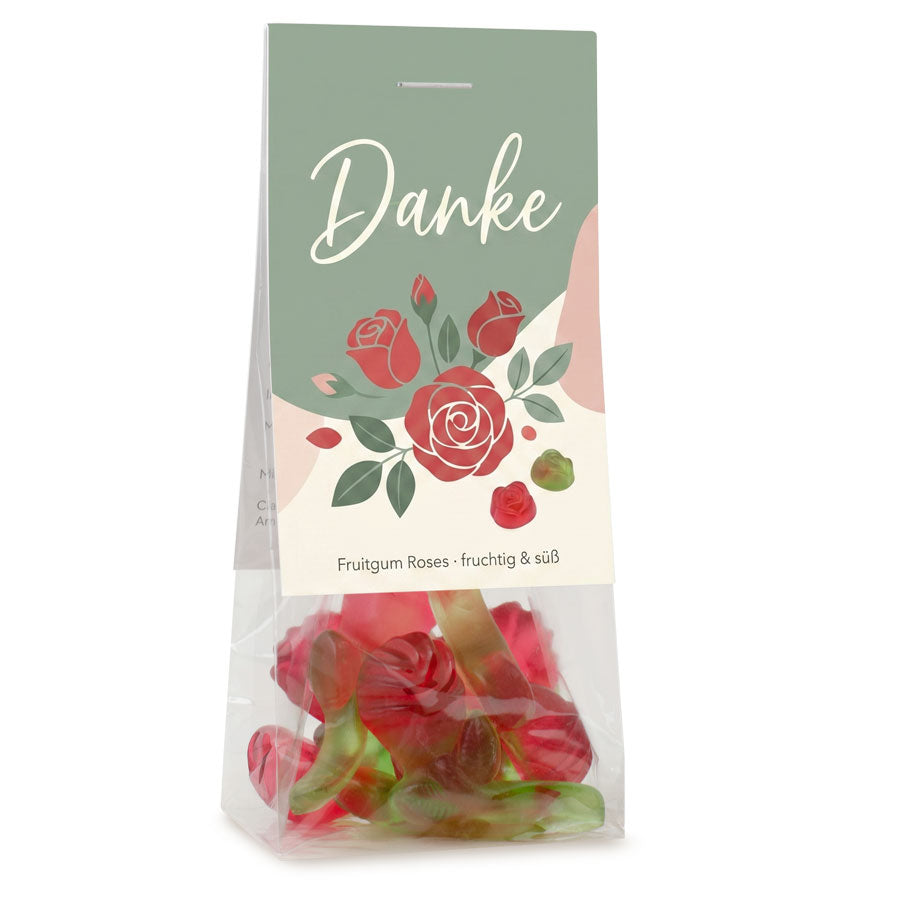 Fruchtgummi Rosen im Beutel 40 g mit Logo – Beispielmotiv