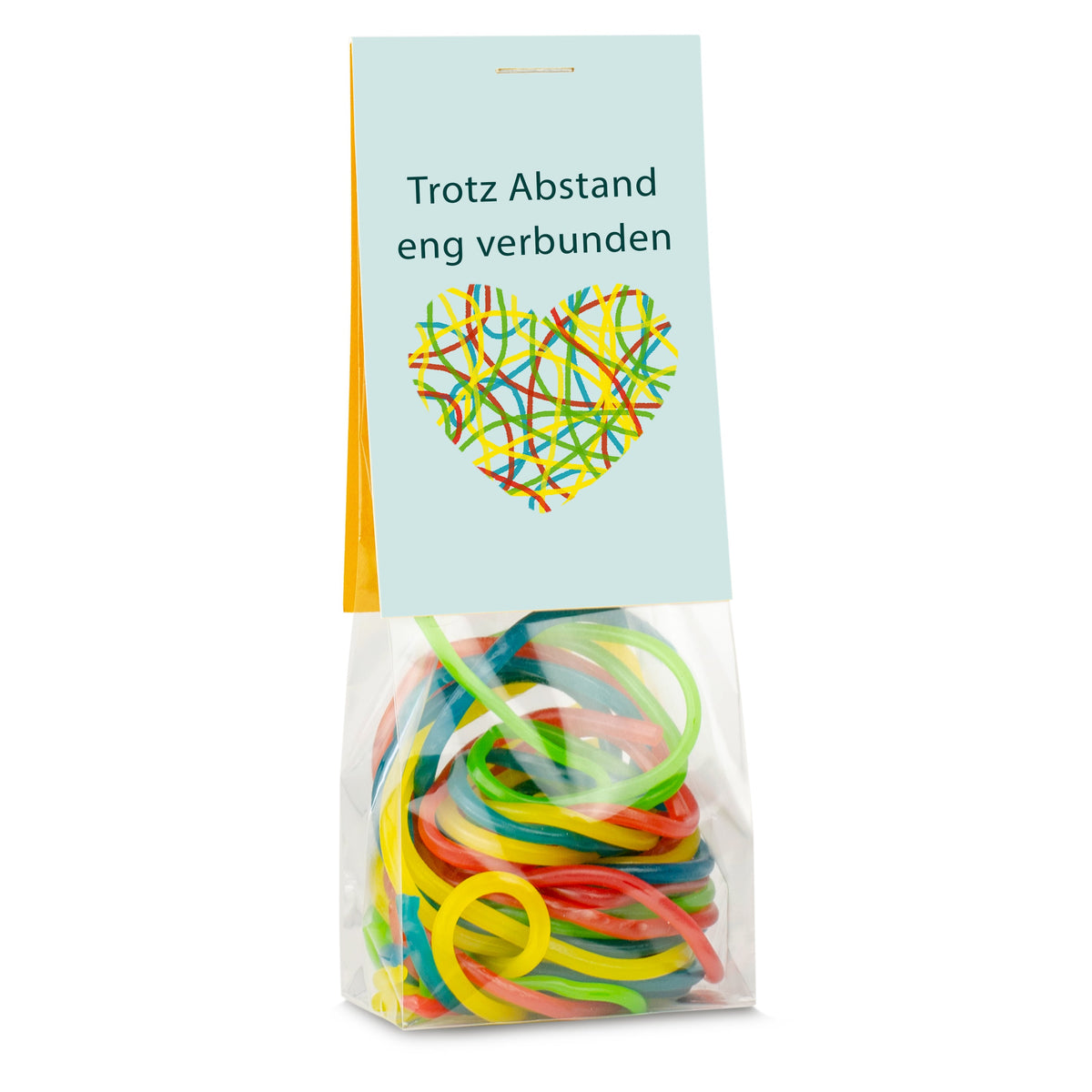 Fruchtgummi Schnüre im Stehbeutel 50 g mit Deinem Logo – Beispielmotiv