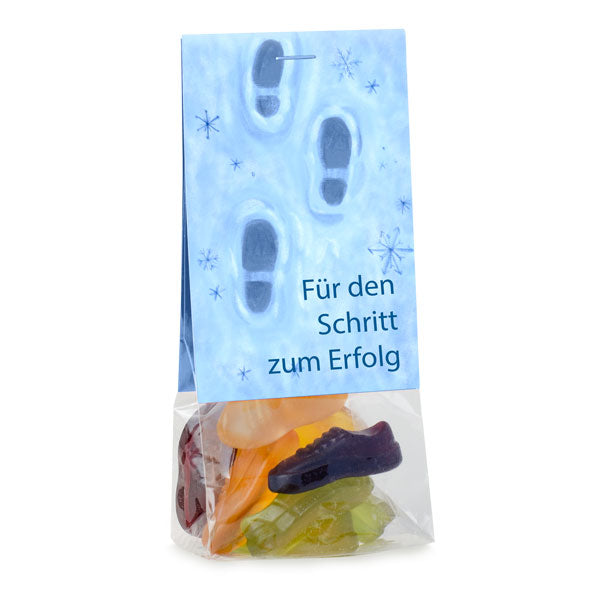 Fruchtgummi Turnschuhe im Beutel 43 g mit Logo – Beispielmotiv