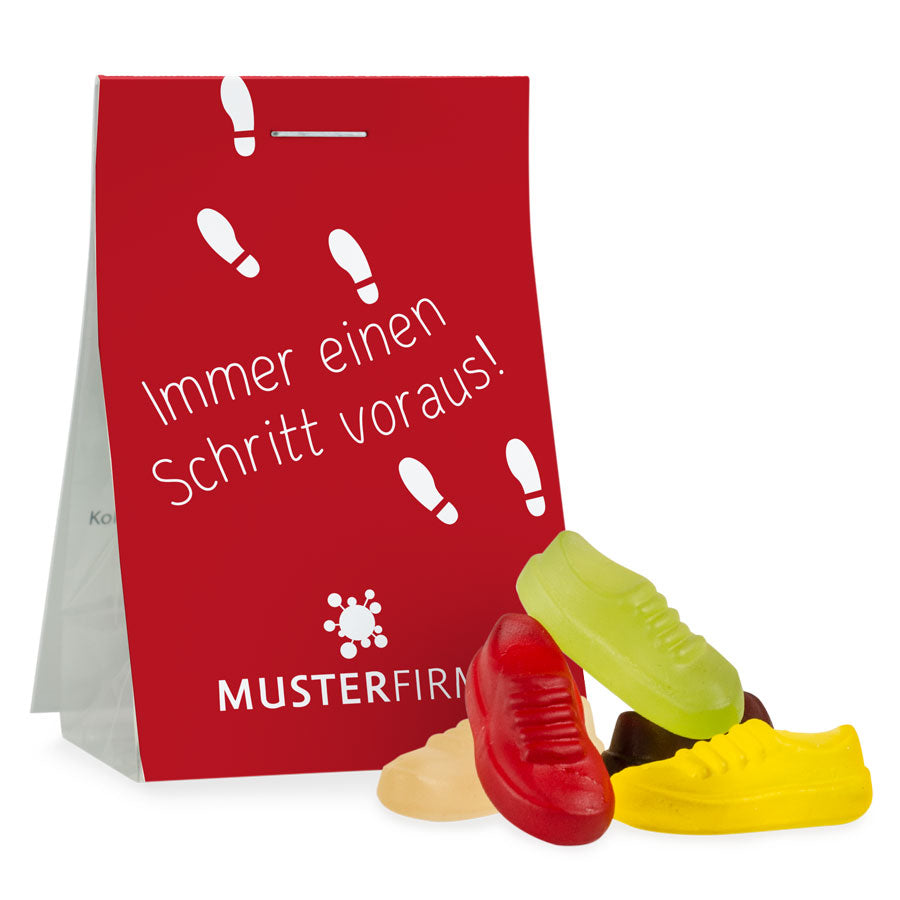 Fruchtgummi Turnschuhe im Tütchen 15 g mit Logo – Beispielmotiv