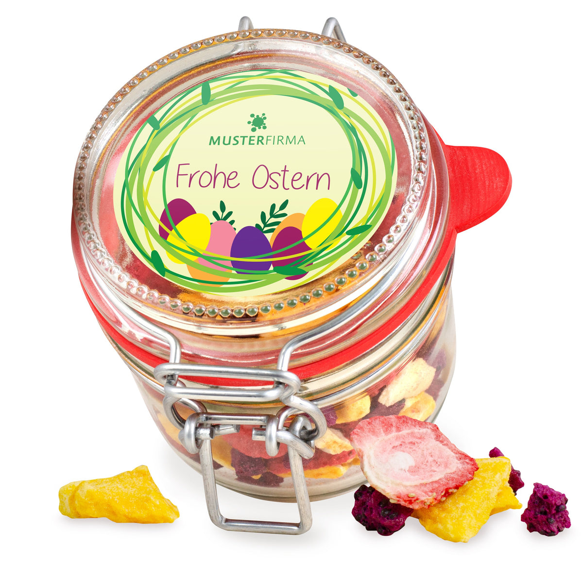 Gefriergetrockneter Fruchtmix im Bügelglas 30 g mit Logo – Beispielmotiv