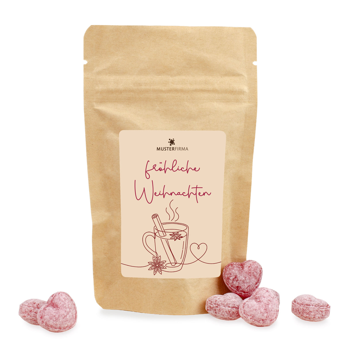 Glühweinbonbons in Herzform im Papierbeutel 45 g mit Logo – Beispielmotiv