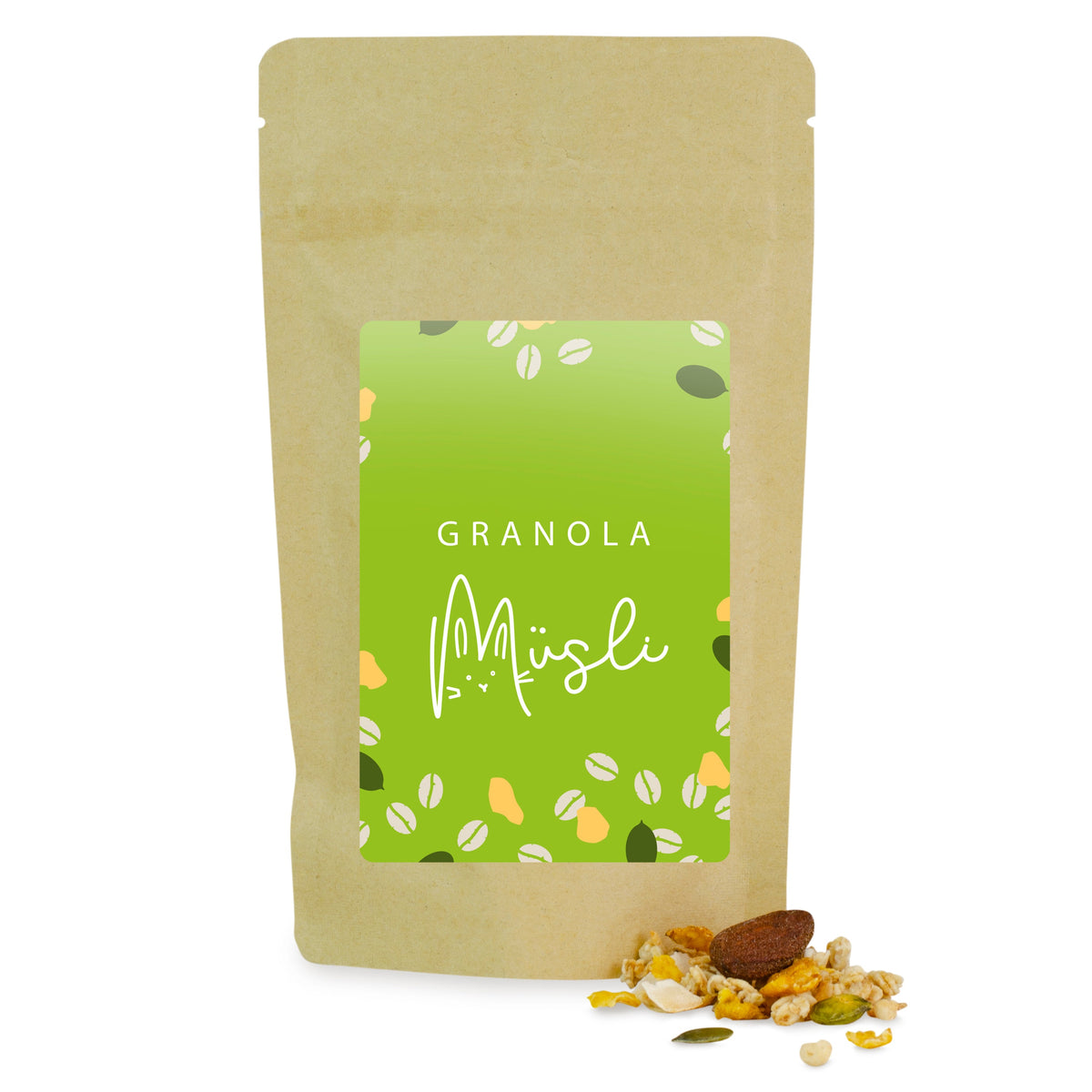 Granola Mischung im Papierbeutel 75 g mit Logo – Beispielmotiv