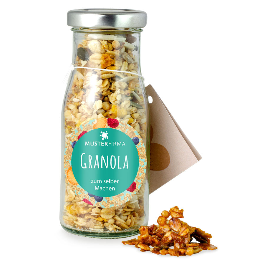 Granola Mischung in der Glasflasche 60 g mit Logo – Beispielmotiv