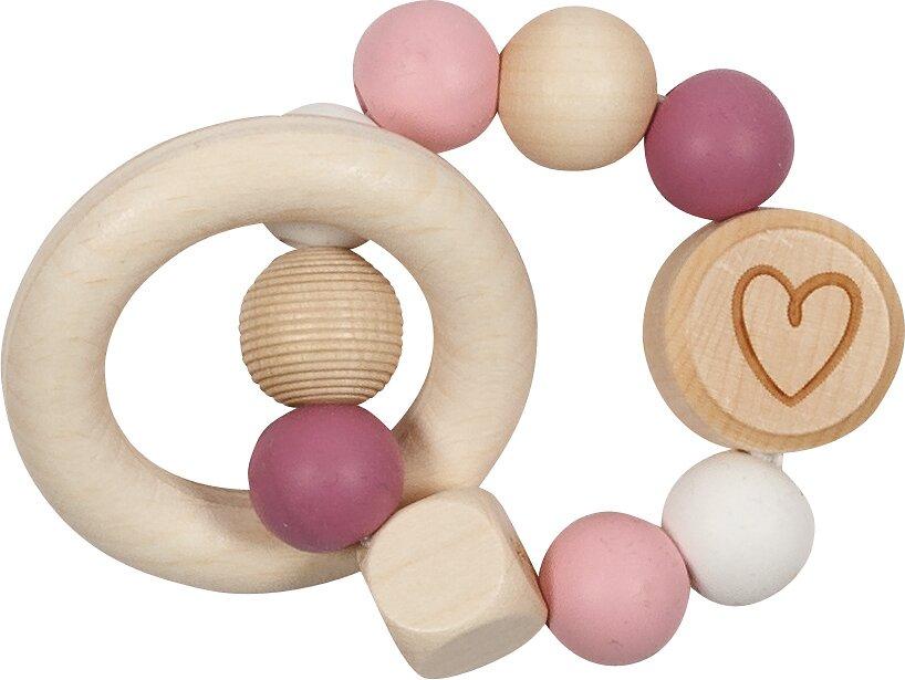 Greifling Herz mit Holzring in Rosa und Beere – Ansicht