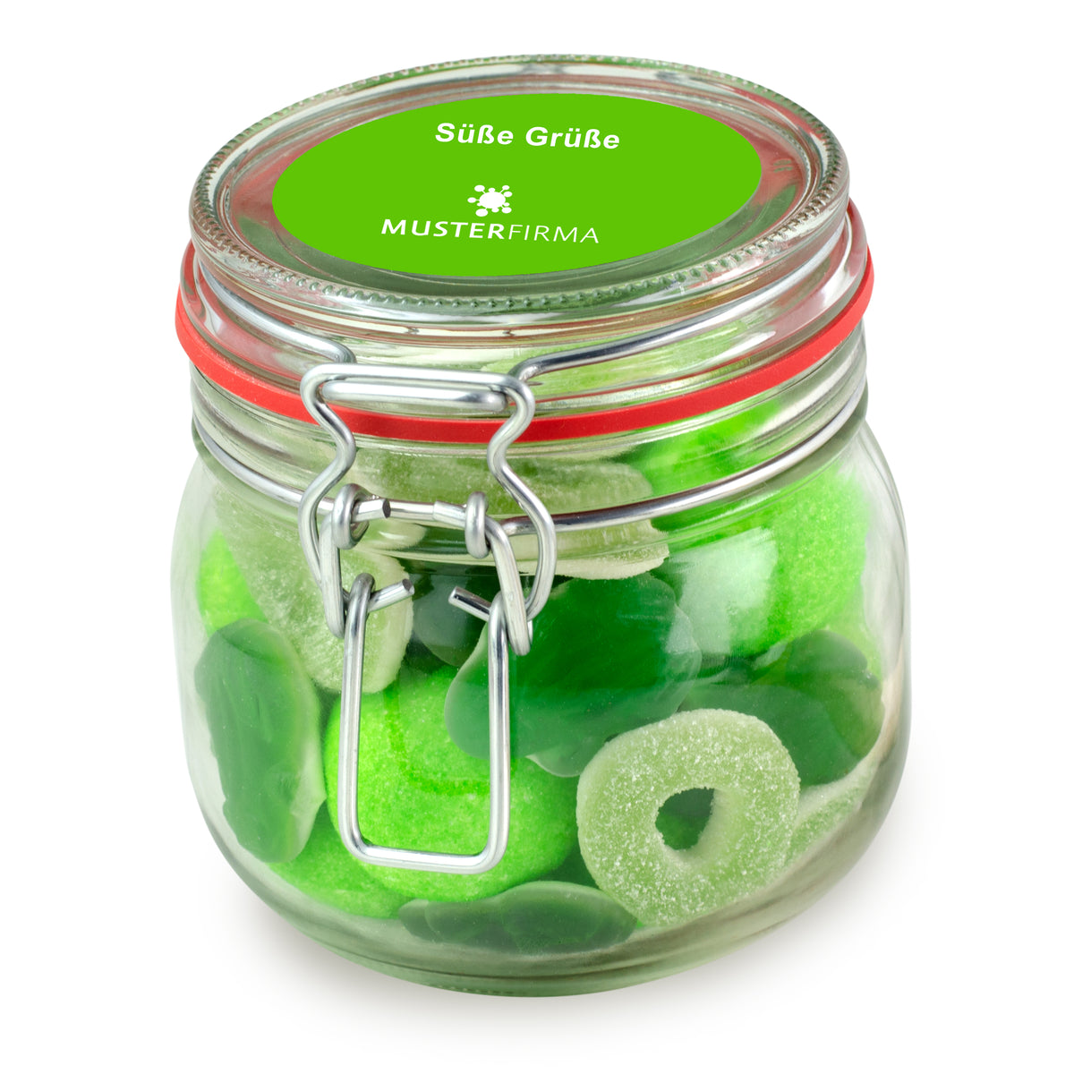 Grüner Süßigkeitenmix im Bügelglas M 320 g mit Logo – Beispielmotiv