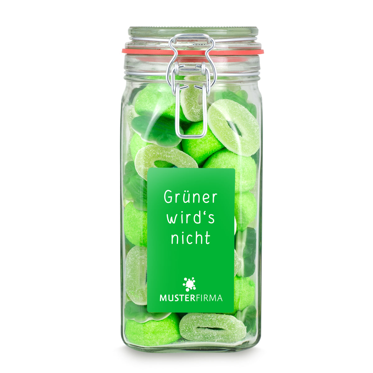 Grüner Süßigkeitenmix im großen Bügelglas 760 g mit Logo – Beispielmotiv