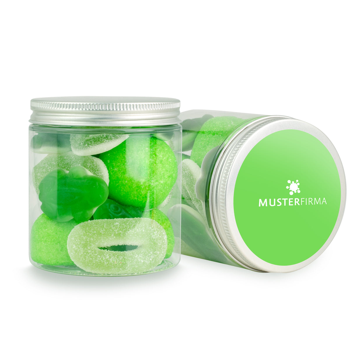 Grüner Süßigkeitenmix in der Dose 130 g mit Logo – Beispielmotiv