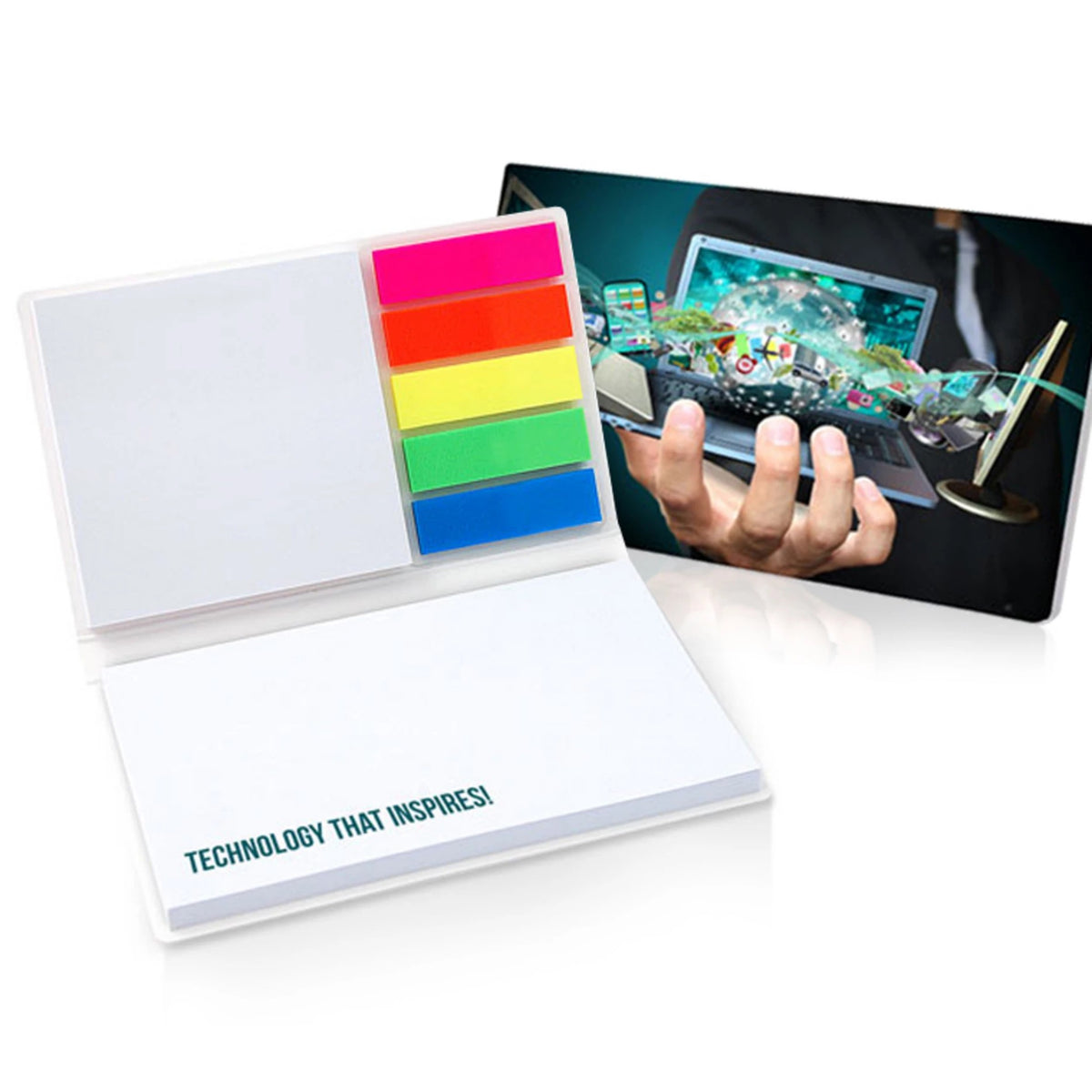 Haftset 130 x 76 mm mit zwei Haftnotizen und Logo bedrucken – Kunststoffmarker