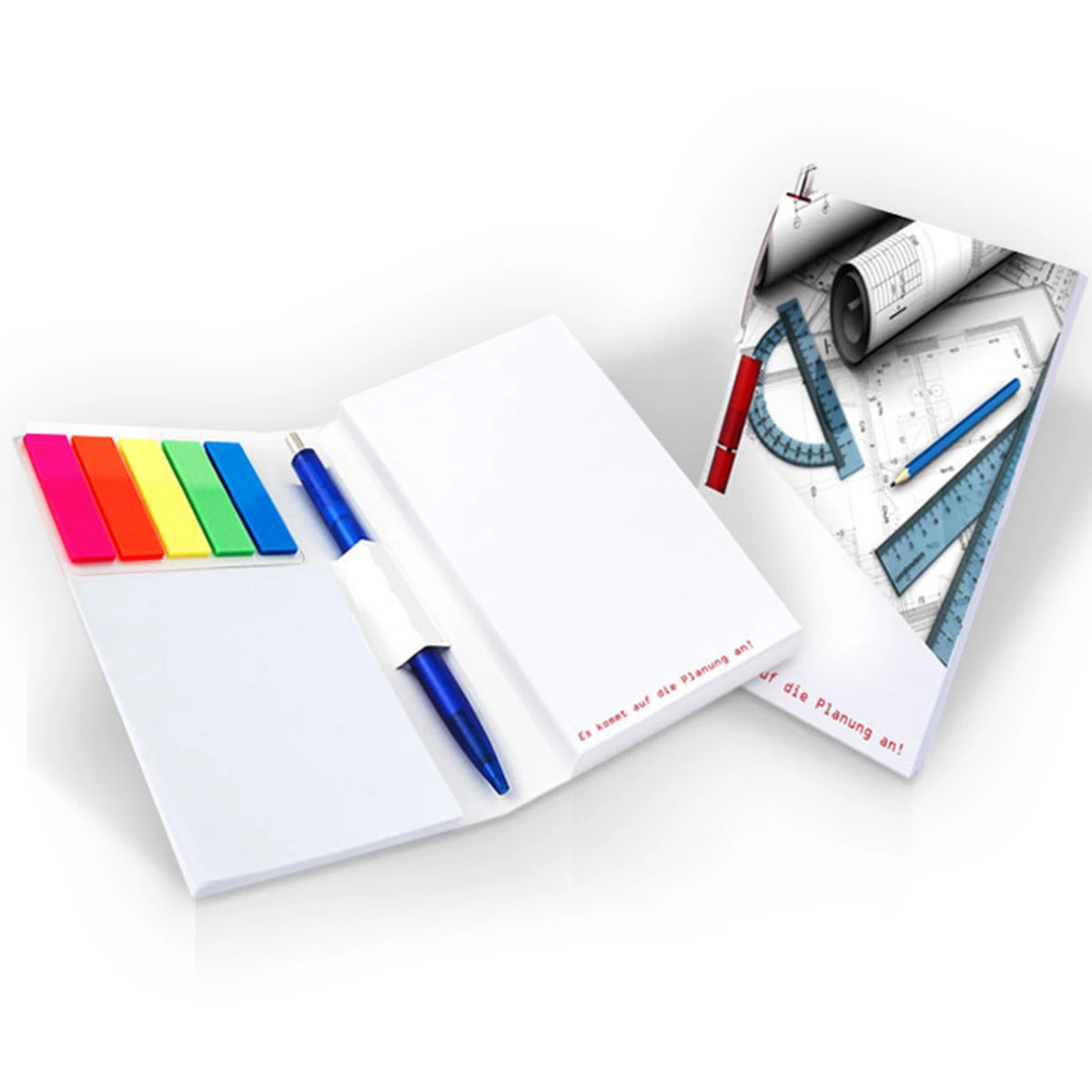 Haftset mit Notizblock, Stifthalterung und Logo, 140 x 95 mm – Kunststoffmarker