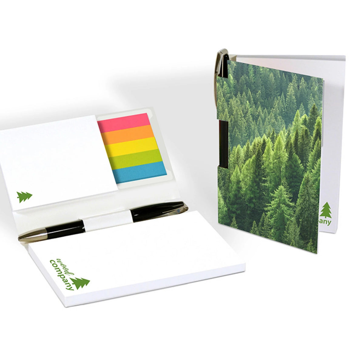 Haftset mit Notizblock, Stifthalterung und Logo, 140 x 95 mm – Papiermarker neutral