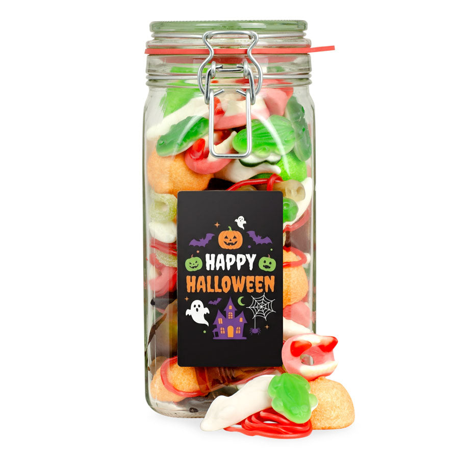 Halloween Süßigkeitenmix im großen Bügelglas 855 g mit Logo – Beispielmotiv
