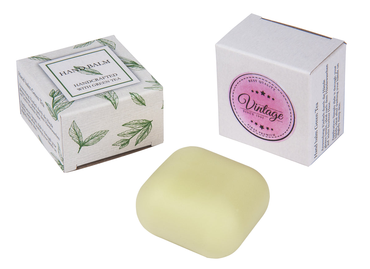 Handcreme am Stück mit leichtem Grüntee Duft und Logo