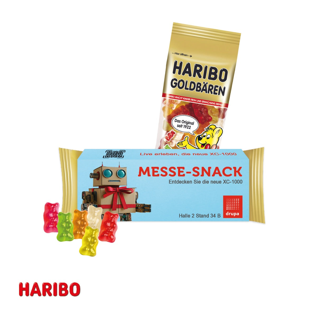 Bedruckter Werbeschuber aus Karton um eine Fruchtgummi Tüte