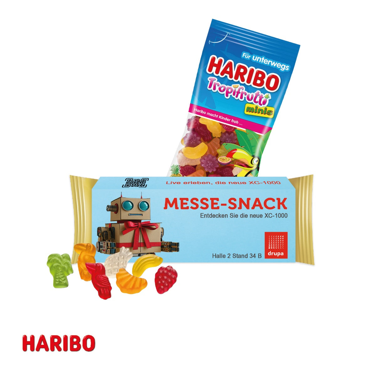 Werbeschuber aus Karton mit vierfarbigem Motiv für eine Fruchtgummi Tüte