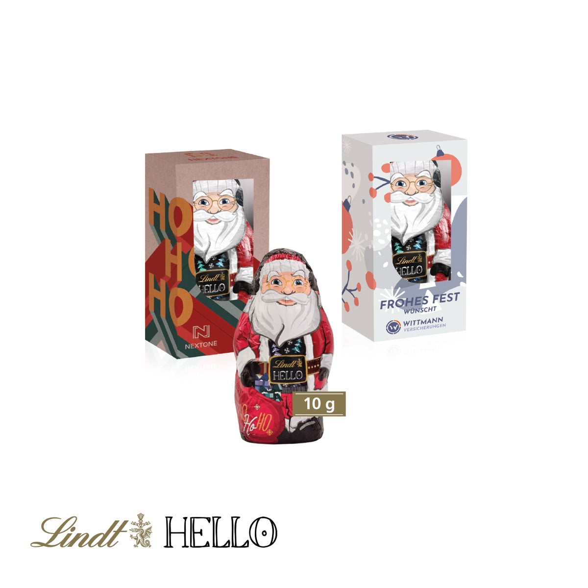 Kleine Werbekartonage mit Lindt HELLO XMAS Santa und Firmenlogo