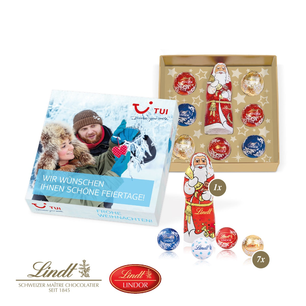 Flache Präsentbox mit bedrucktem Deckel als Weihnachtsgeschenk mit Logo