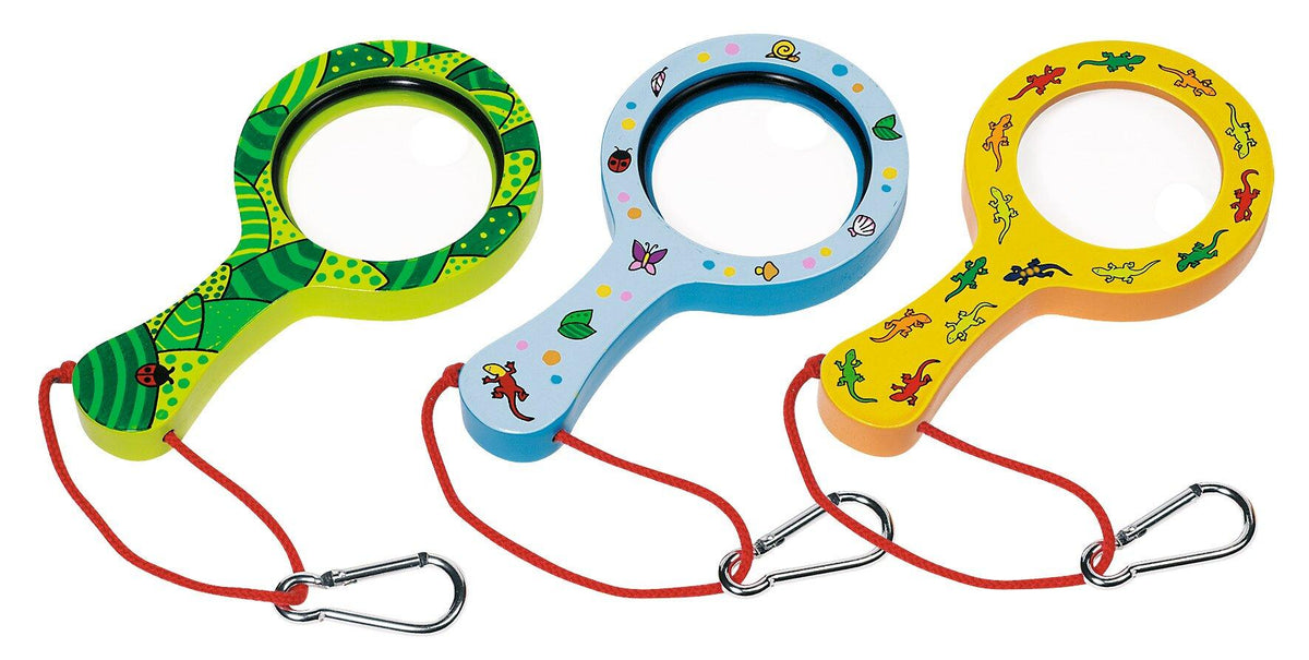 Holzlupe mit Tiermotiven, Kordel und Karabiner – Ansicht