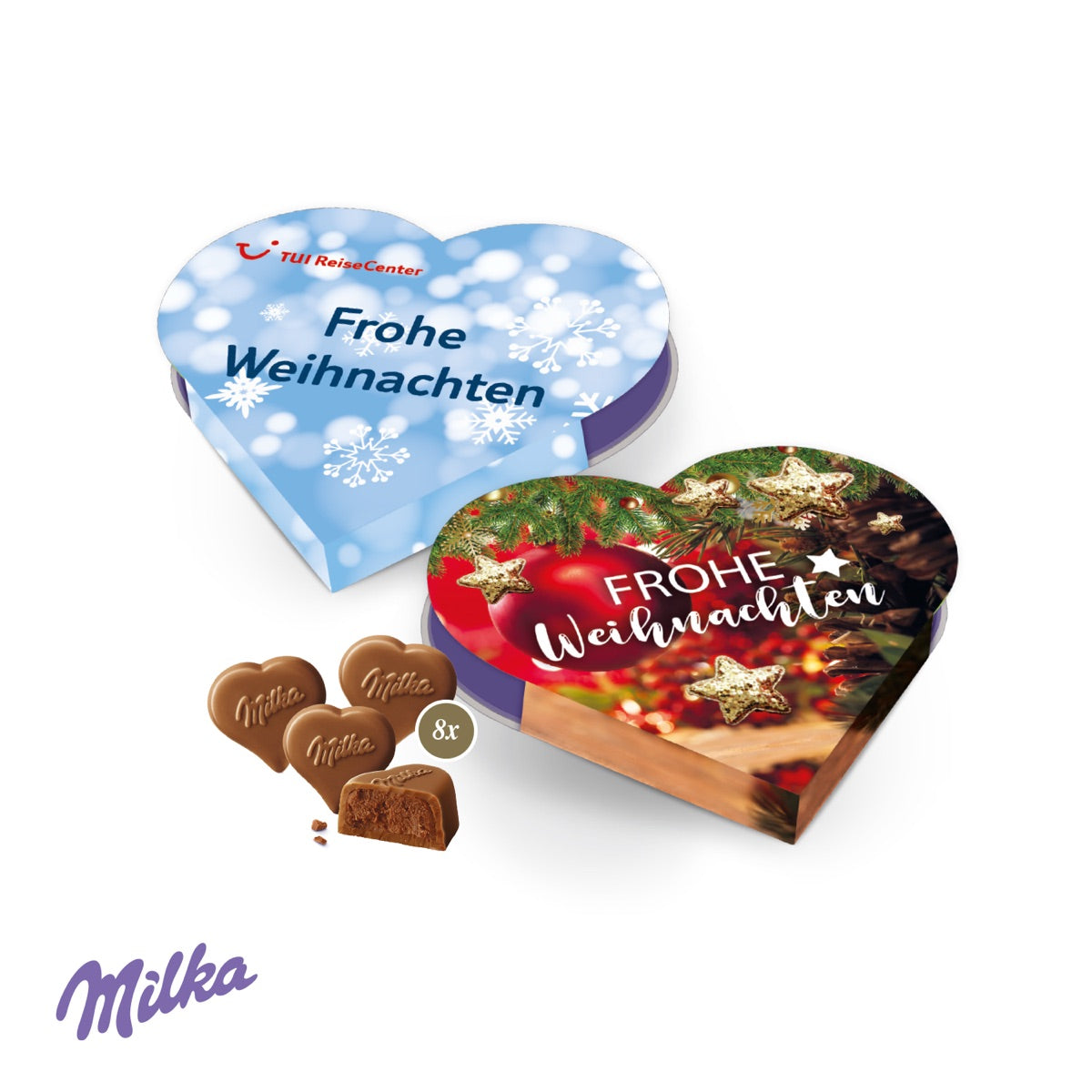 Flache Werbekartonage mit I LOVE MILKA Herz und individuellem Druck