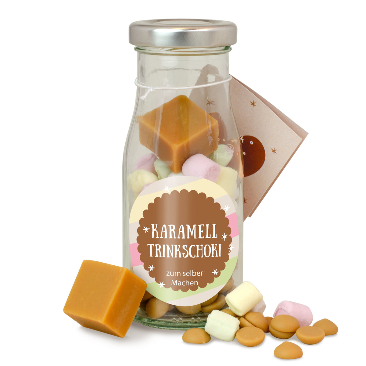 Karamell Trinkschoki mit Toffeewürfeln in der Flasche mit Logo – Beispielmotiv