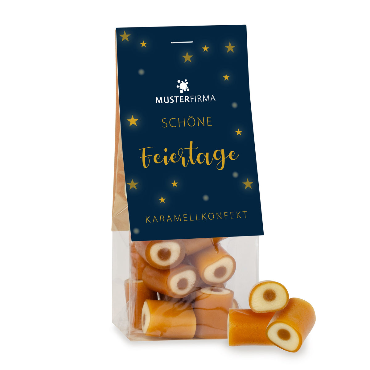 Karamellkonfekt im Tütchen 50 g zu Weihnachten mit Logo – Beispielmotiv